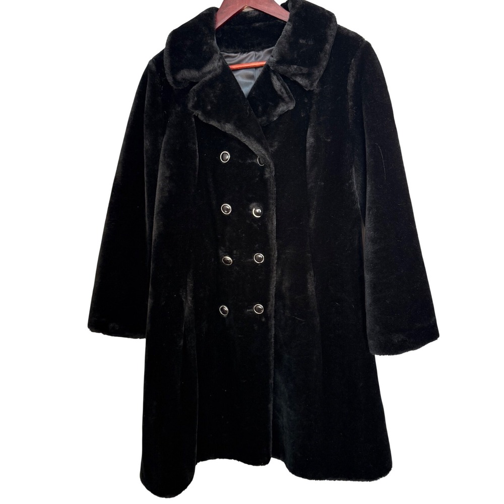 Vintage Penneys Arctic Treasure Black Faux Fur Coat Union Made ILGWU Mid Length